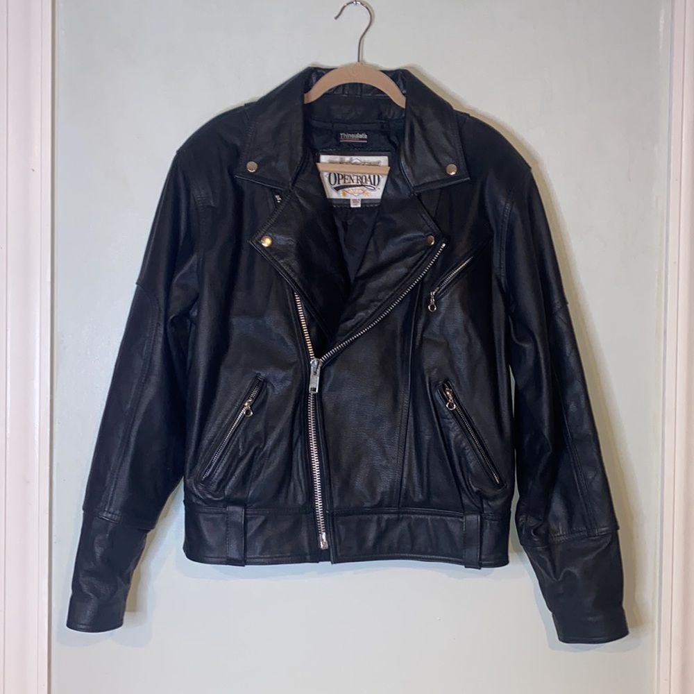 Open Road Thinsulate Black Leather Motorcycle Jacket Removable Vest Lining-Sz 40